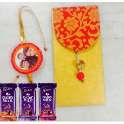 Personalised photo rakhi and handcrafted envelope with chocolates